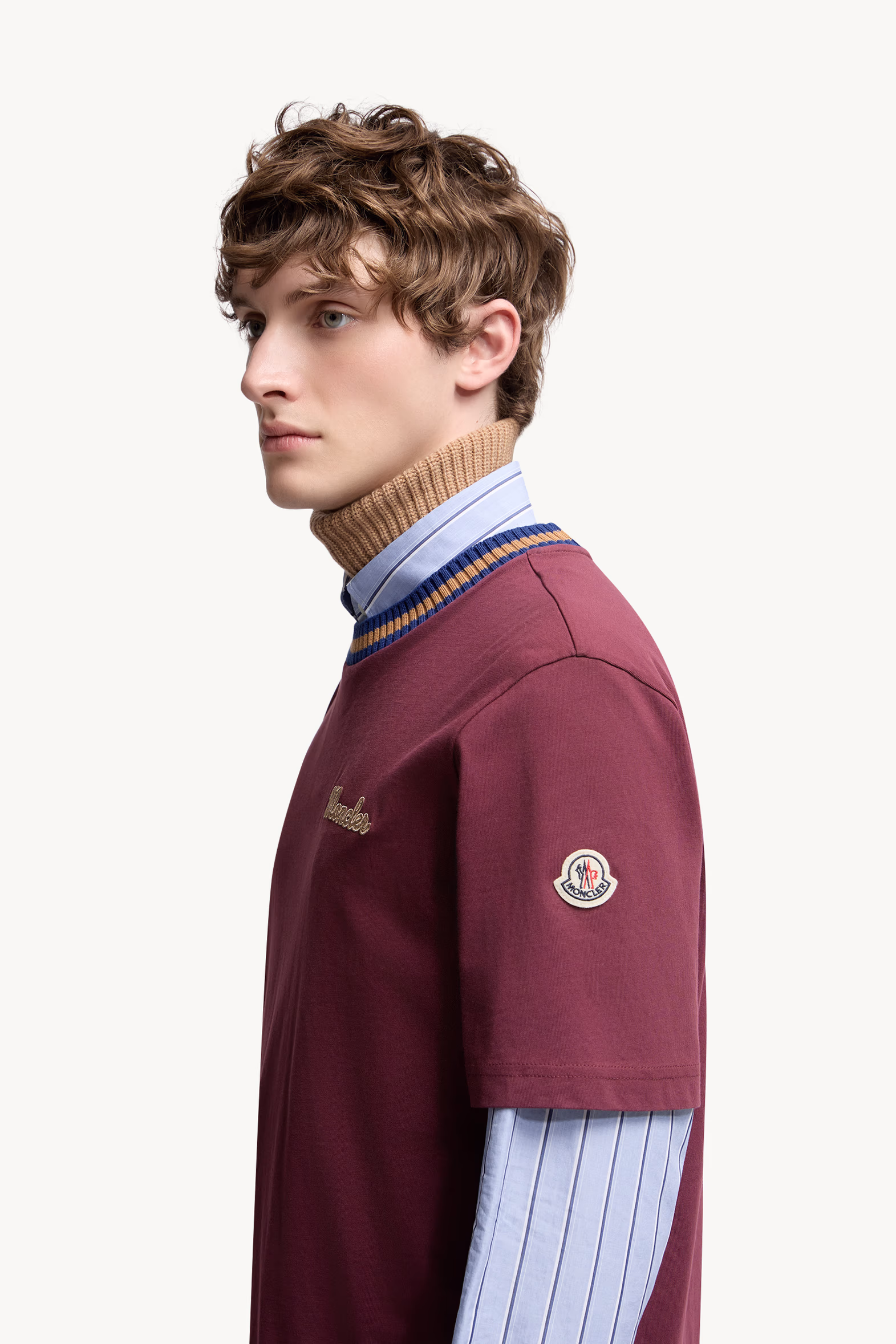Embroidered Logo Cotton T-Shirt Men Burgundy Moncler 4